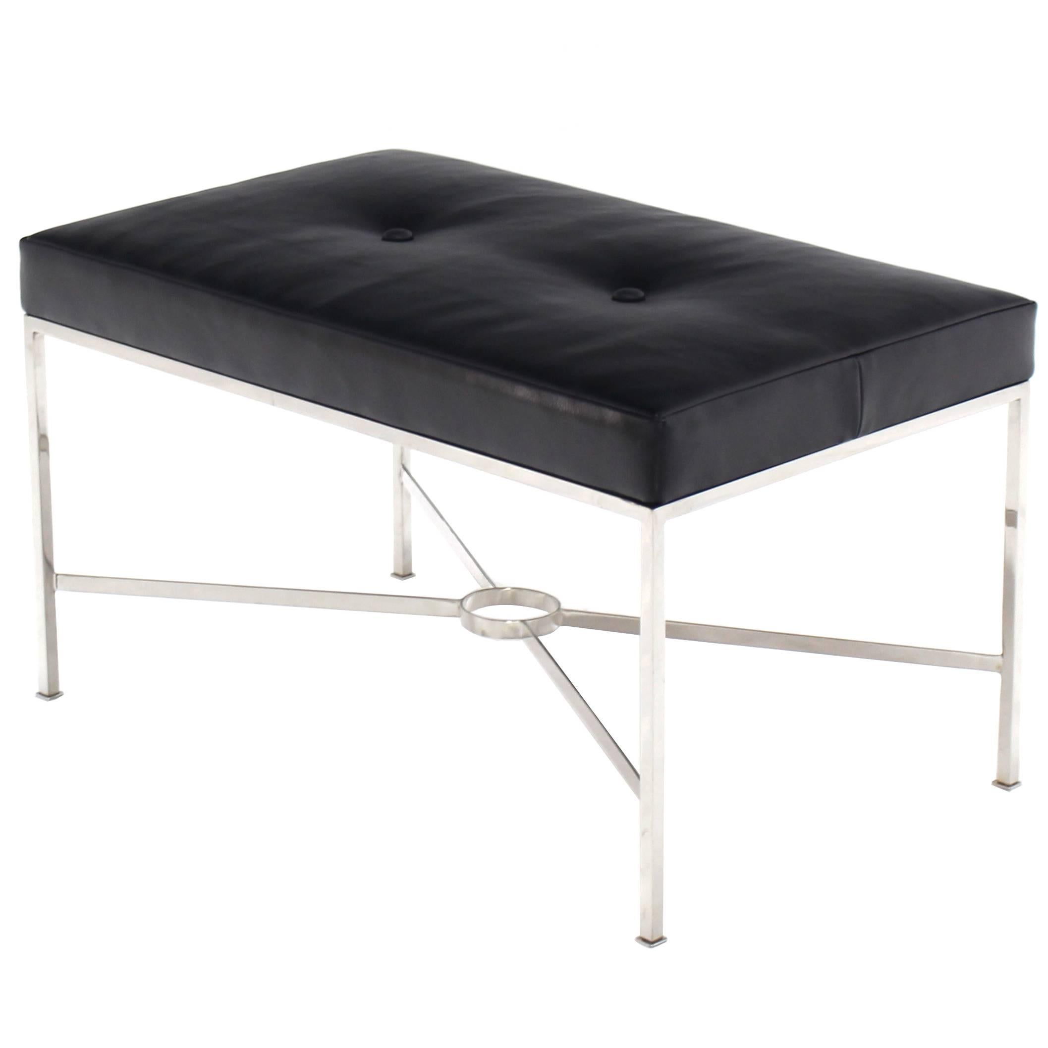 Black Leather Upholstered Rectangular X-Base Bench