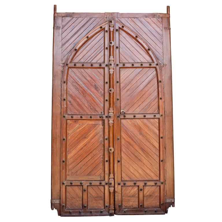 Massive Solid Teak Doors from Southern India with Brass Details For Sale