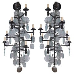 Pair of Wrought Iron and Molded Glass Chandeliers. Sold Individually.