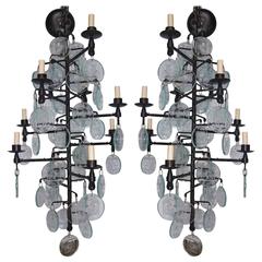 Pair of Wrought Iron and Molded Glass Chandeliers 5
