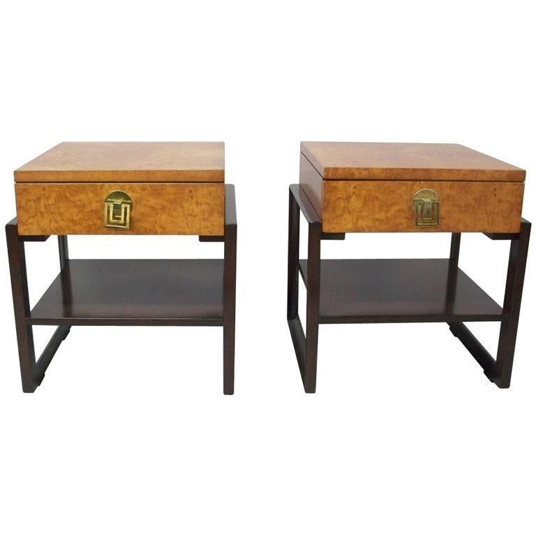 Pair of Burl and Mahogany Nightstands or Side Tables Renzo Rutili