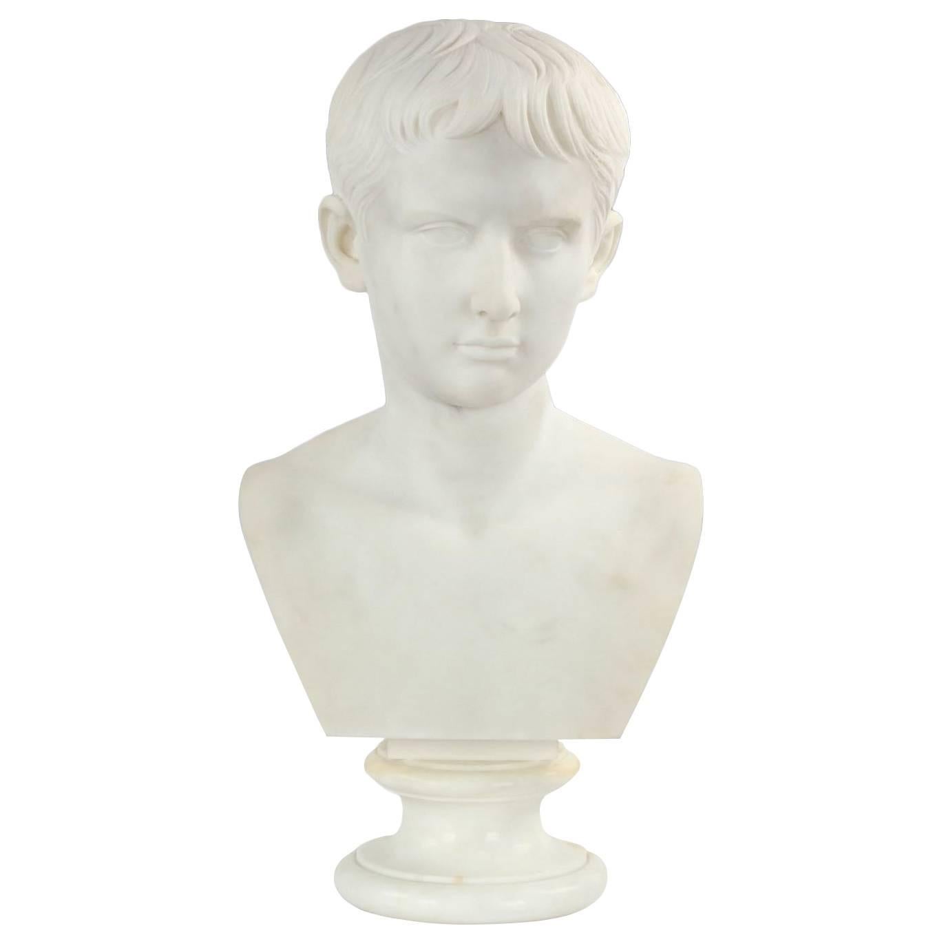 19th Century Grand Tour Antique Marble Bust Sculpture of Young Caesar Augustus