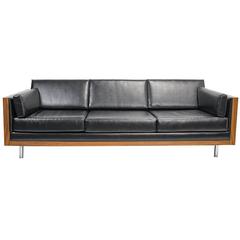 Milo Baughman Sofa with Rosewood Case and Black Vinyl Upholstery circa 1970-1979