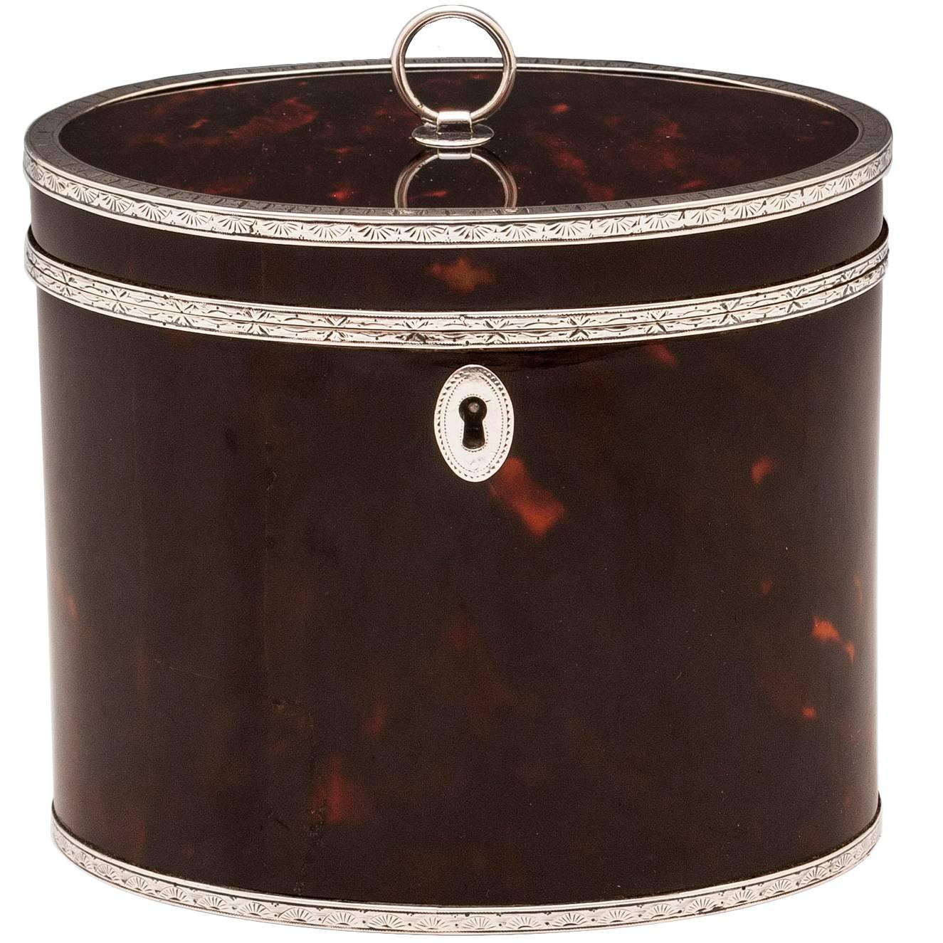 Rare Antique Red Tortoiseshell and Silver Oval Tea Caddy For Sale