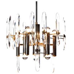 1960s Gaetano Sciolari Nine-Light Chrome, Brass and Crystal Glass Chandelier 12