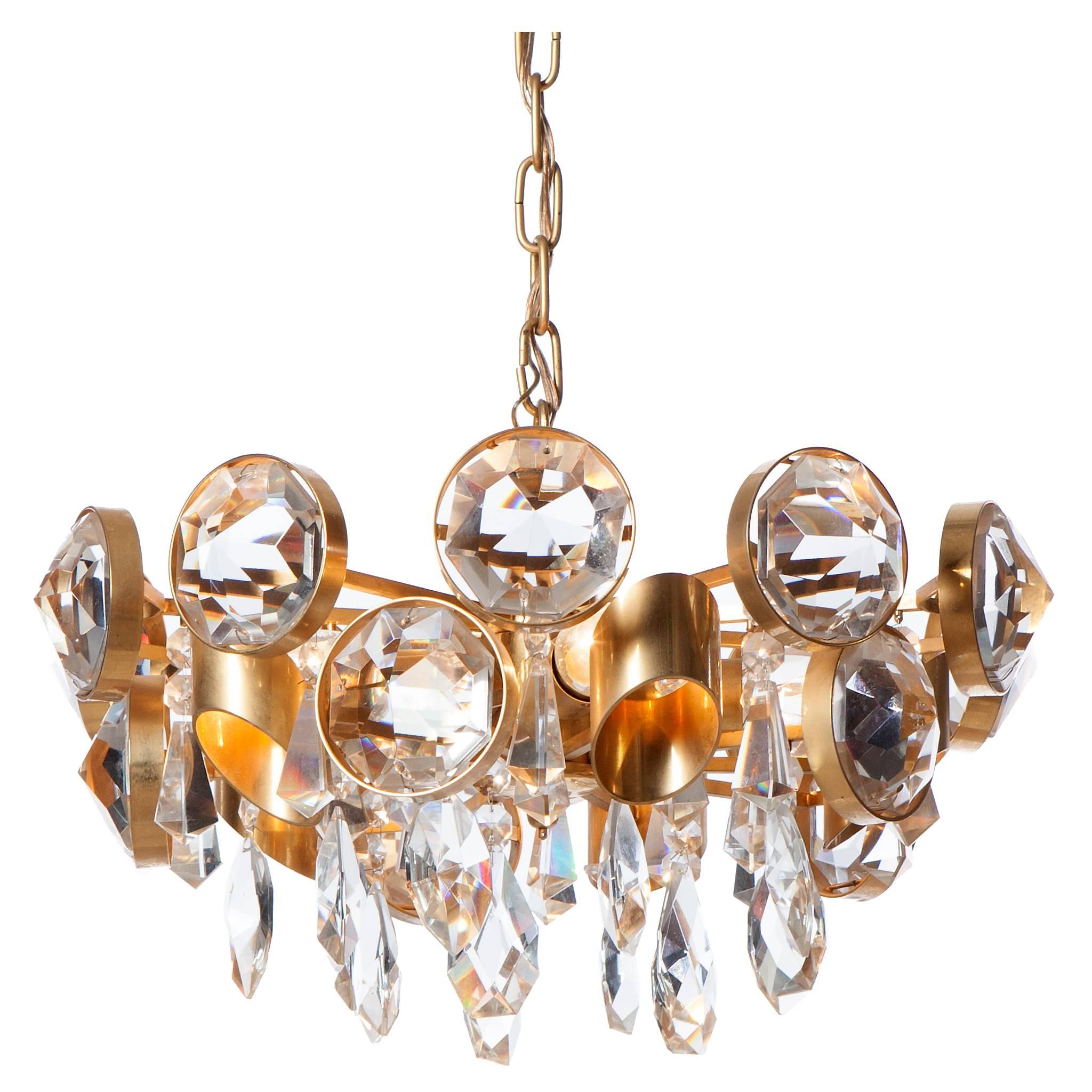 1960s Gilt Brass and Crystal Glass Chandelier by Palwa