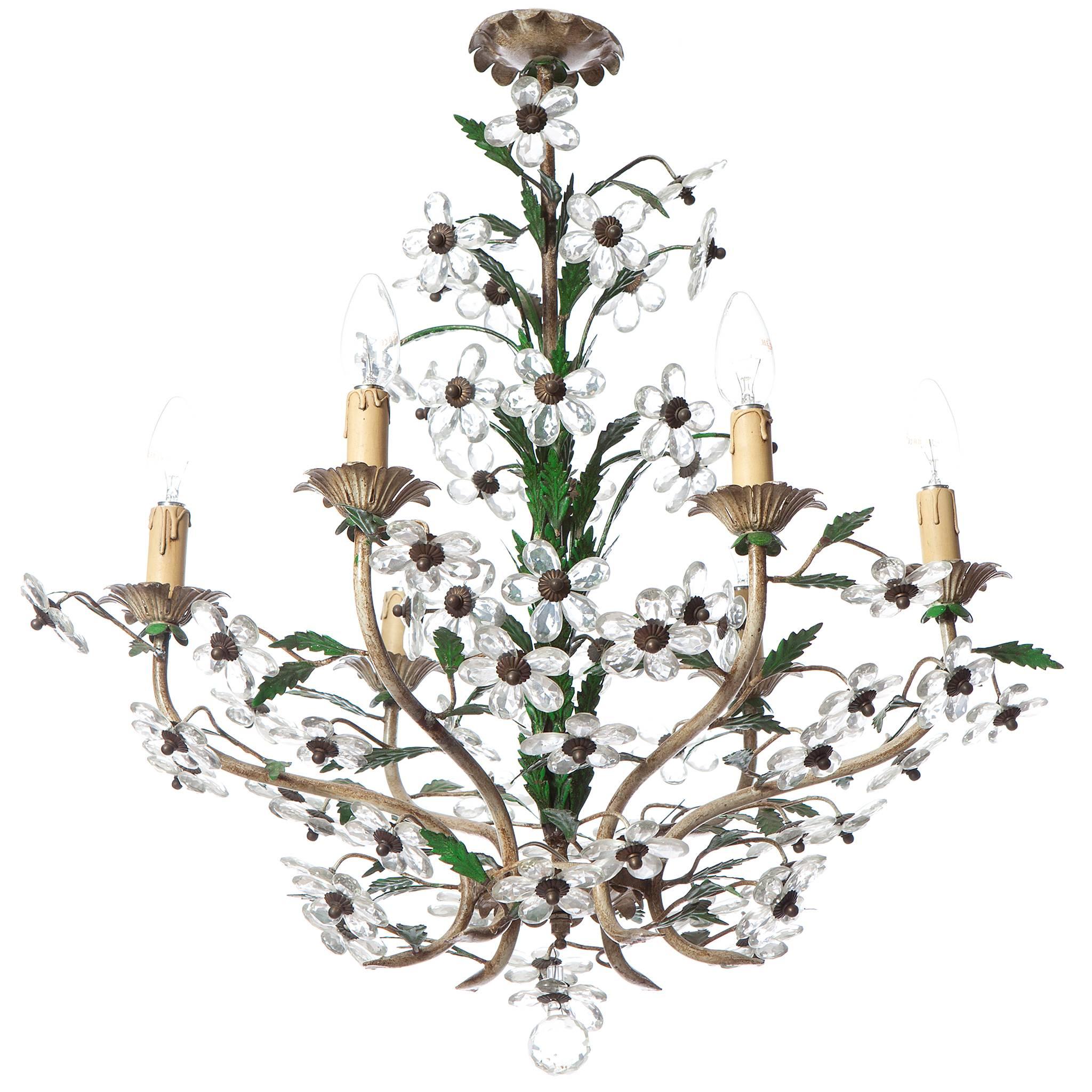 1950s Six-Light Italian Crystal & Brass Chandelier Attributed to Maison Baguès