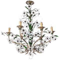 1950s Six-Light Italian Crystal 
Brass Chandelier Attributed to Maison Baguès