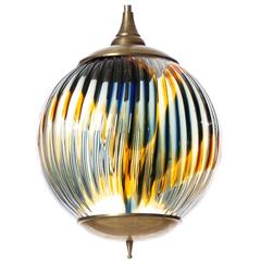 Vintage 1950s Quite Large Murano Art Glass and Brass Globe Pendant, Italian Made