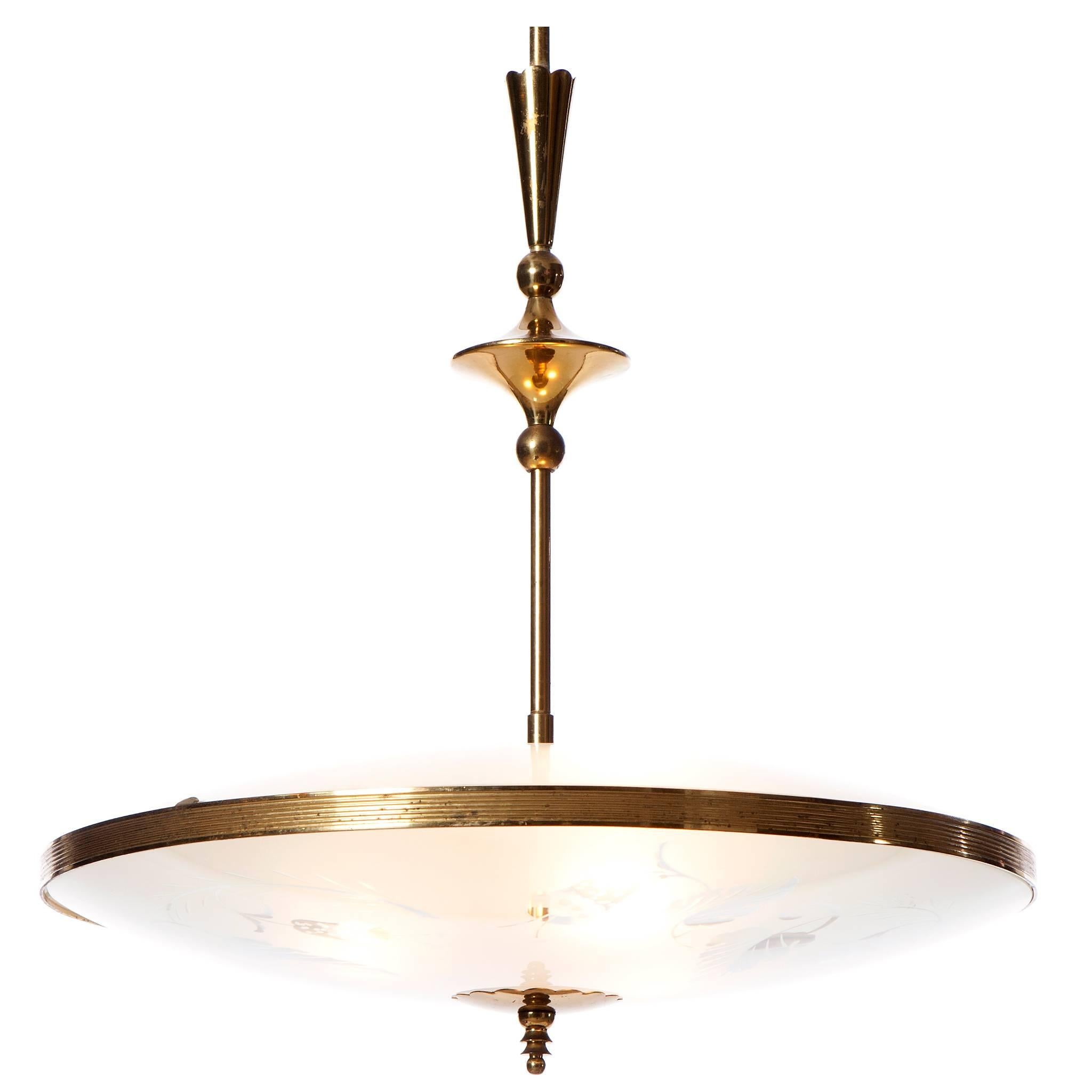 1940s Three-Light Glass and Brass Pendant Attributed to Pietro Chiesa
