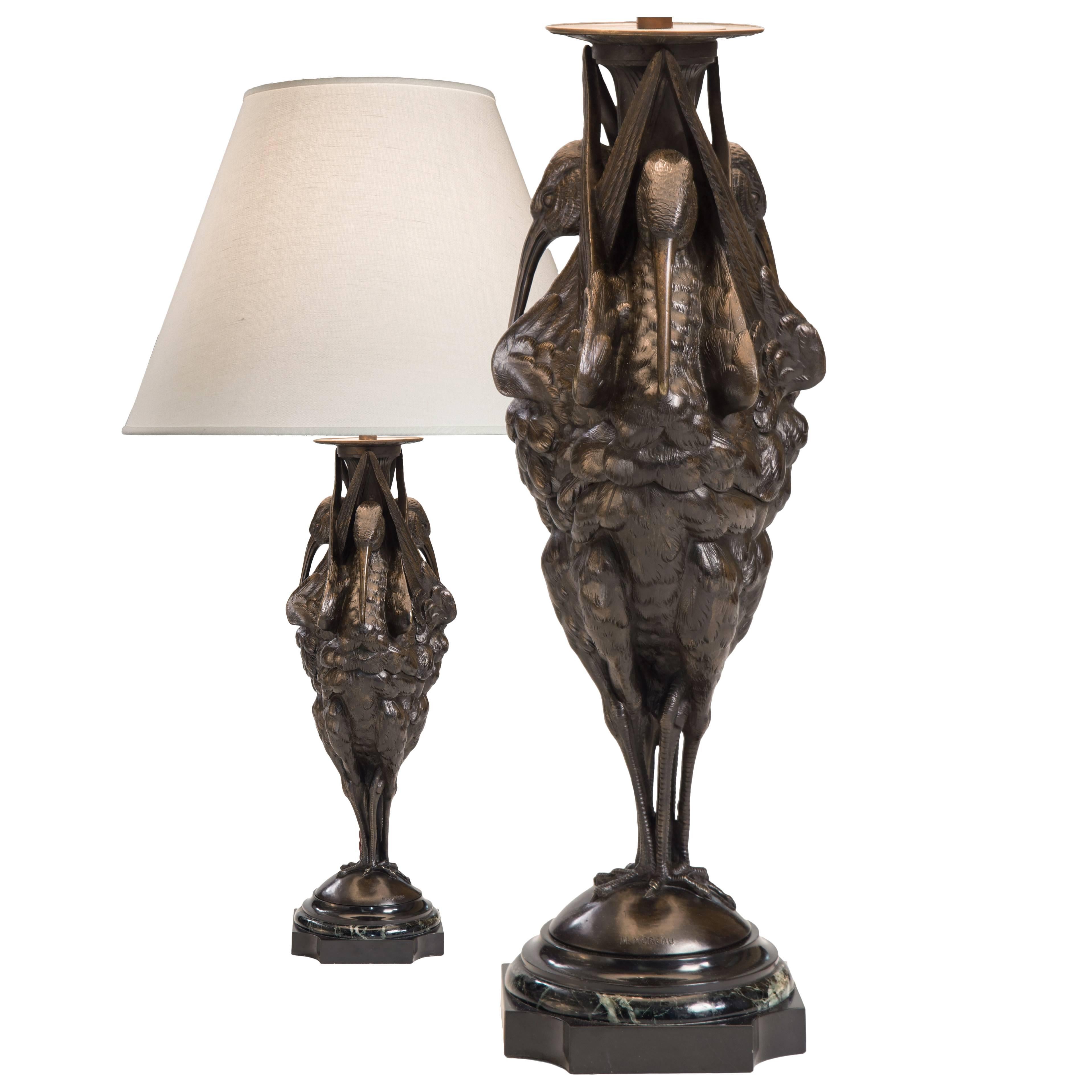 Unusual Pair of Patinated Bronze and Marble Sculptures, Now Table Lamps