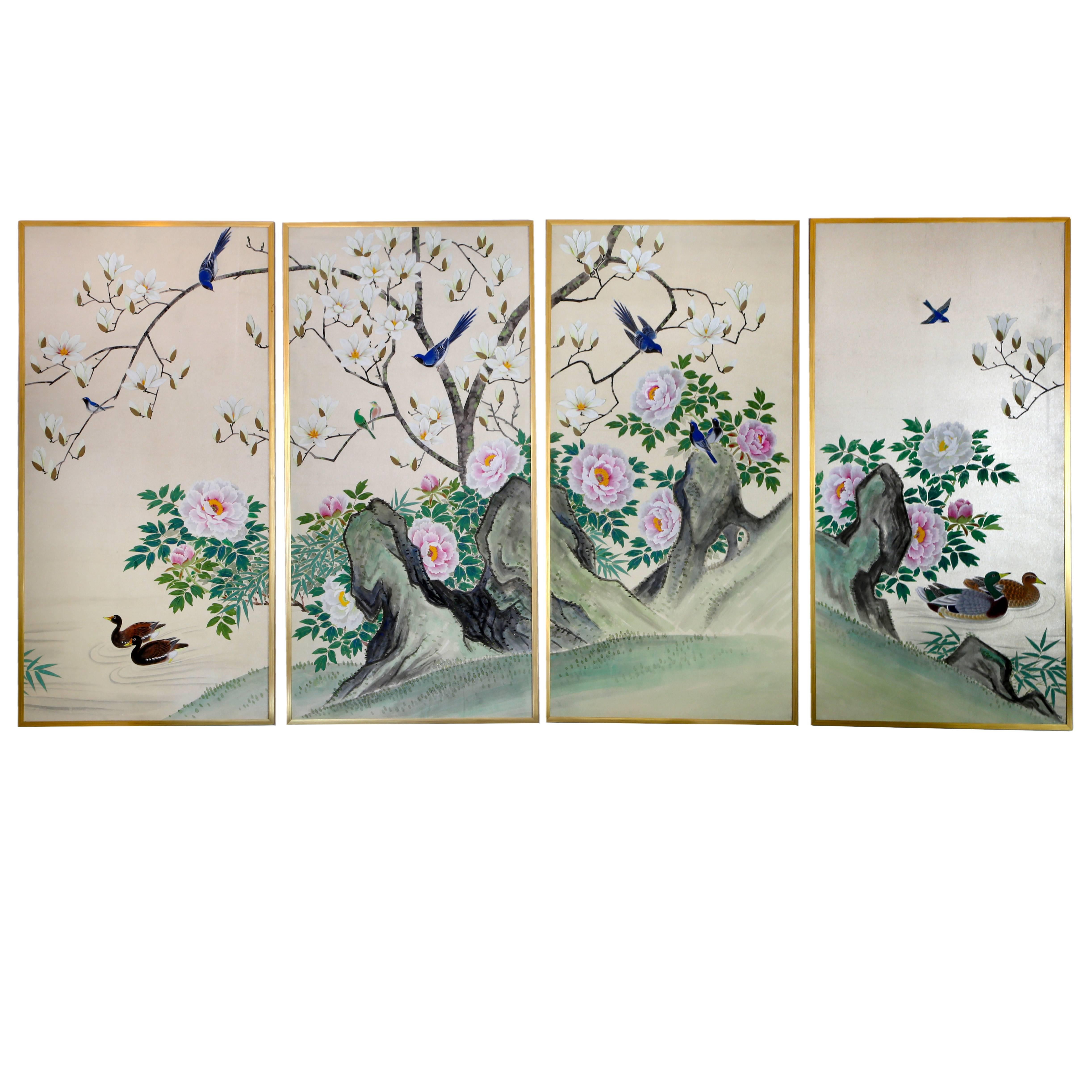 Four Framed Hand-Painted Chinese Wallpaper Panels