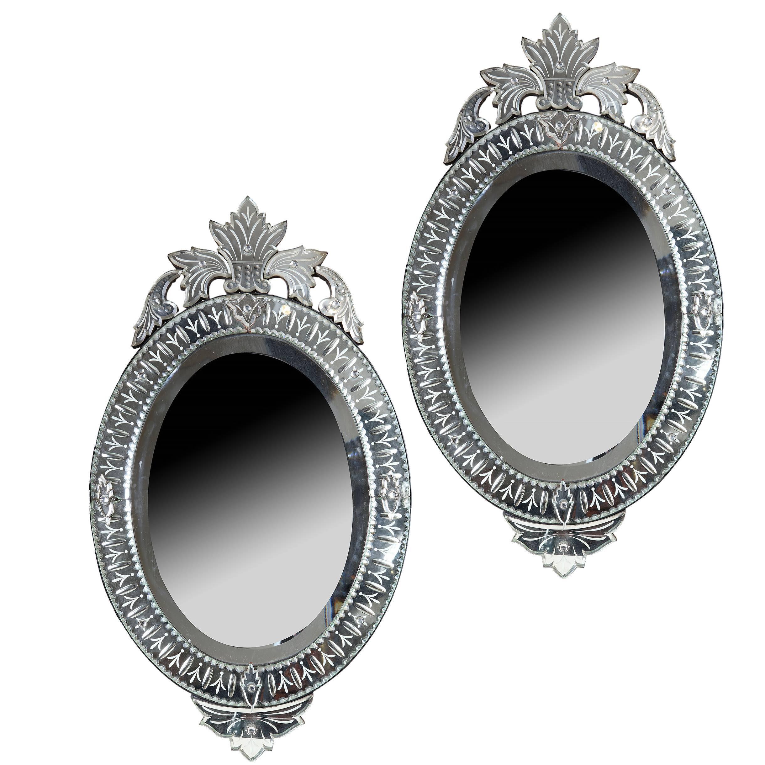 Pair of Engraved Oval Venetian Style Mirrors, 19th Century