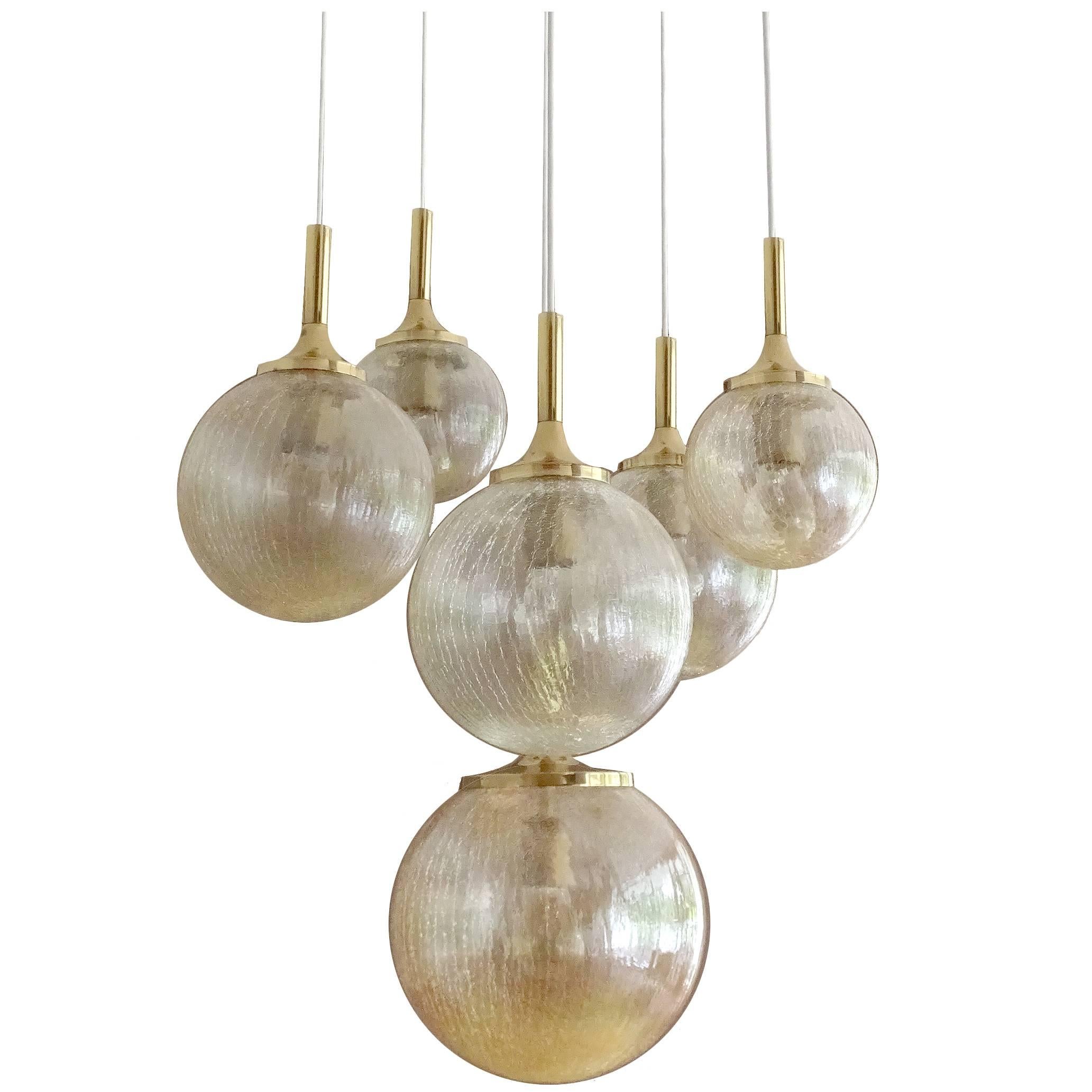 Mid-Century Modern Limburg Cascade Design Brass and Crashed Glass Globe Chandelier Pendant LIghts