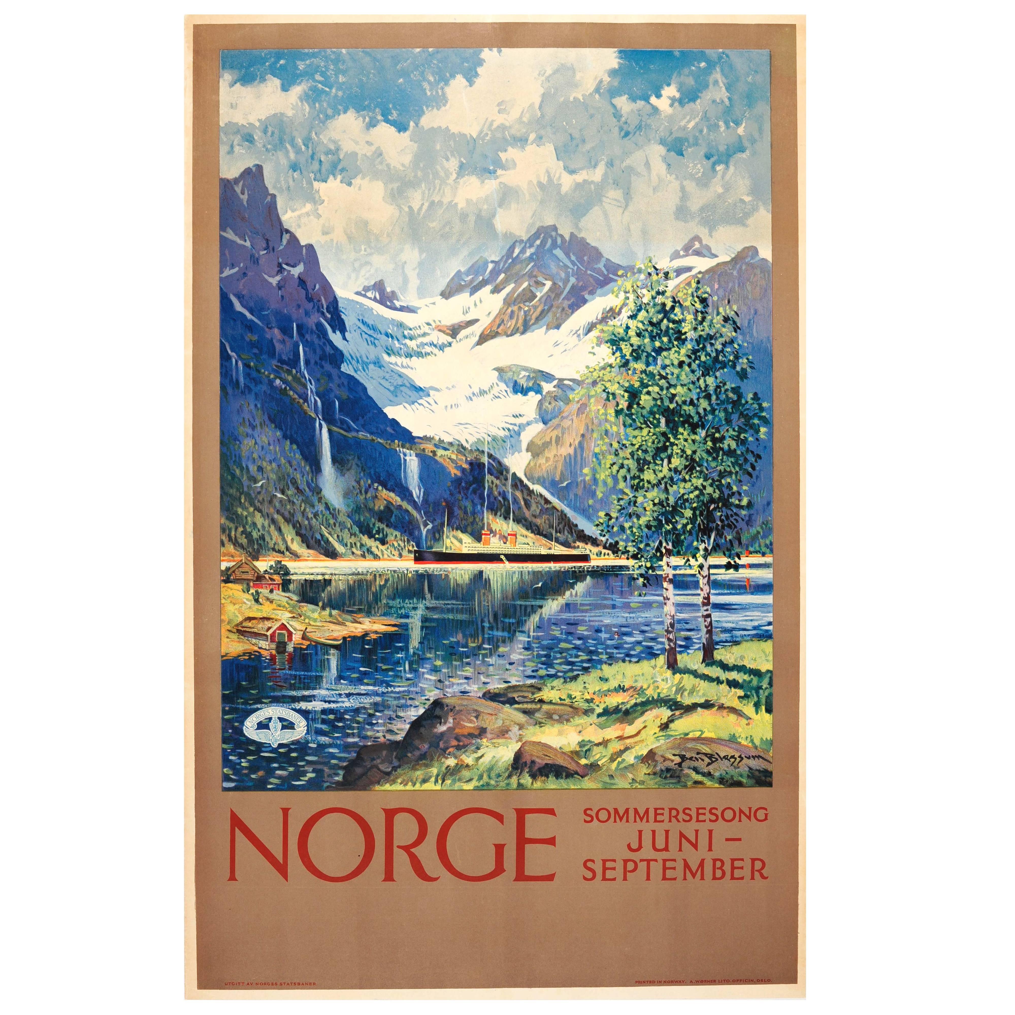 Original Vintage State Railway Travel Poster Norge Norway Summer Season ft Fjord