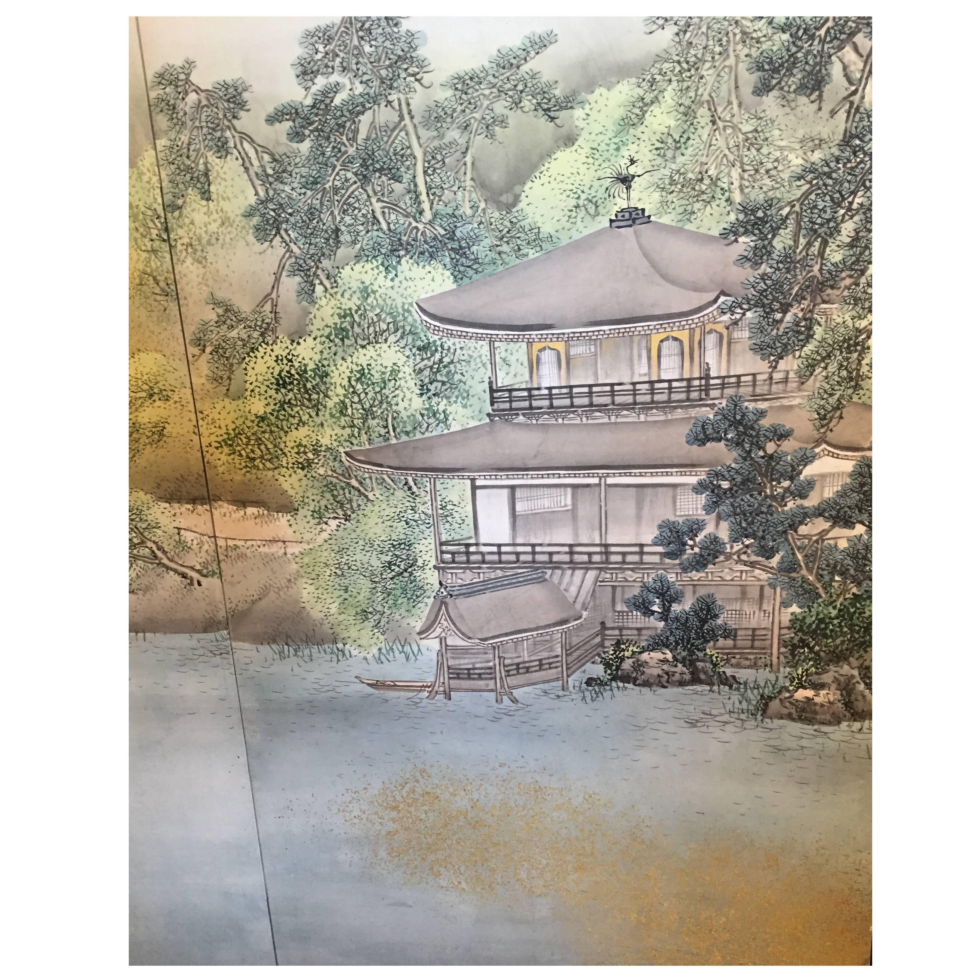 Japan, a fine summer mist accents this splendid expansive silk screen, gold and pigment on silk ,six-panel screens, measuring 141 inches in length fully extended and 68.75 inches in height

Period:  Taisho period, 1915

Signed:  Hasegawa Gyokujun,