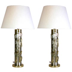 Rare Pair of Mid-Century Stainless Steel and Brass Lamps