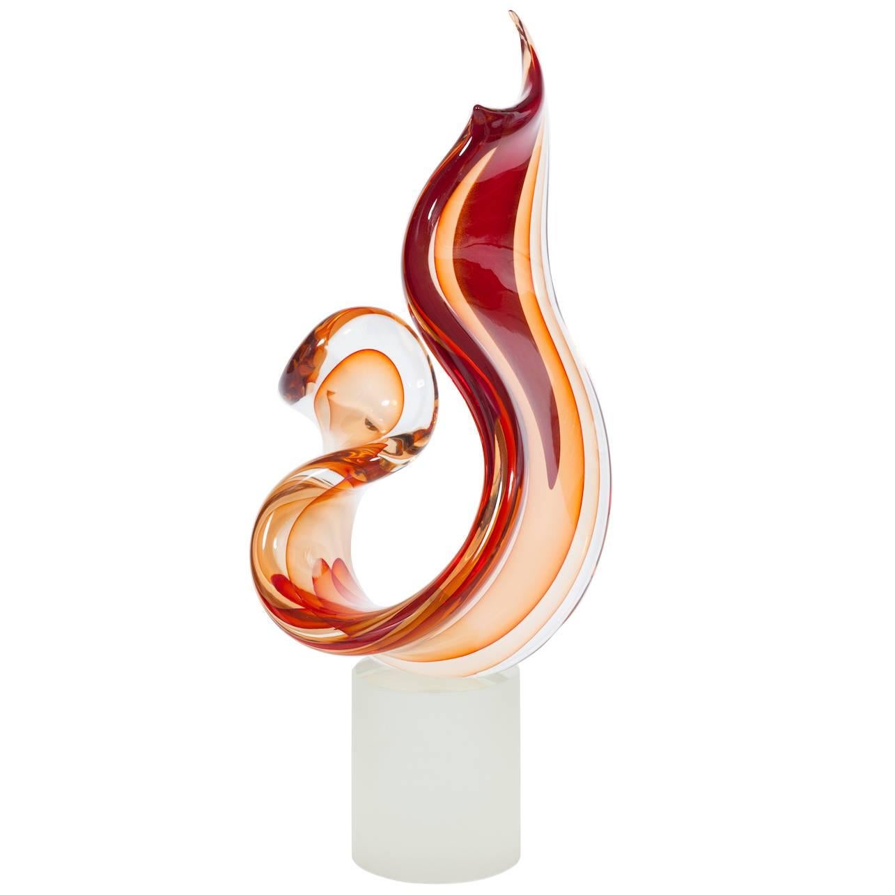 Italian "Flame" Sculpture in blown Murano Glass signed by Romano Donà 1990s