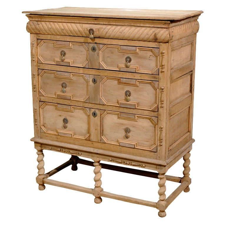English Bleached Oak Chest on Stand with Geometrical Front and Barley Twist Legs