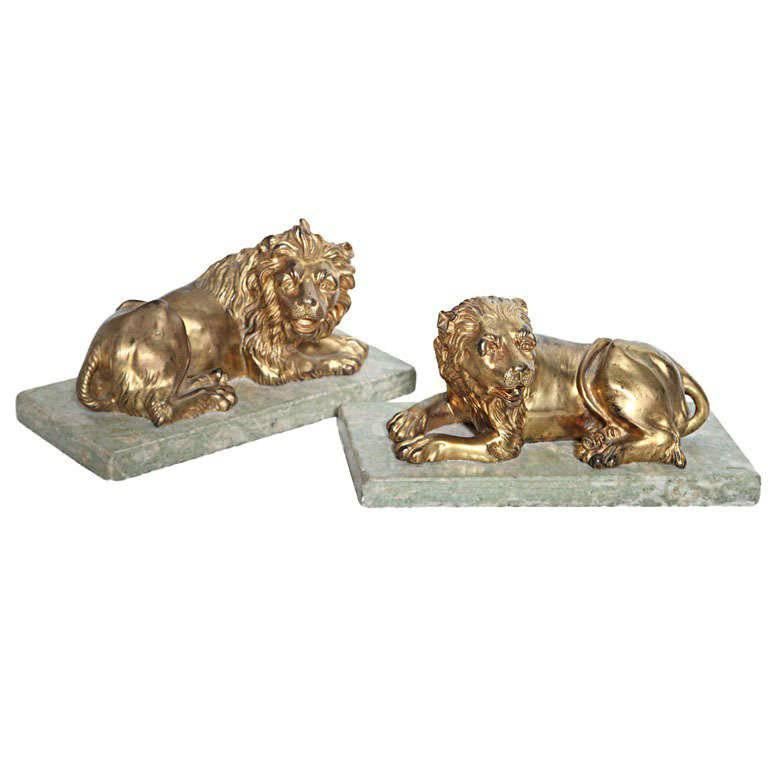Fine Pair of Gilt Bronze Lion and Lioness on Marble Bases, Italy For Sale