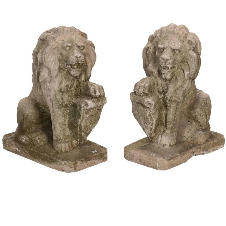 Pair of Stone Lion Garden Statues at 1stdibs