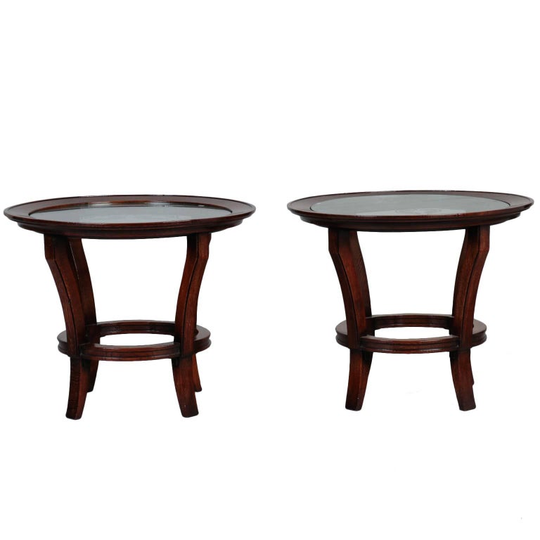 Pair of French MidCentury Side Tables with Etched Glass Tops For Sale