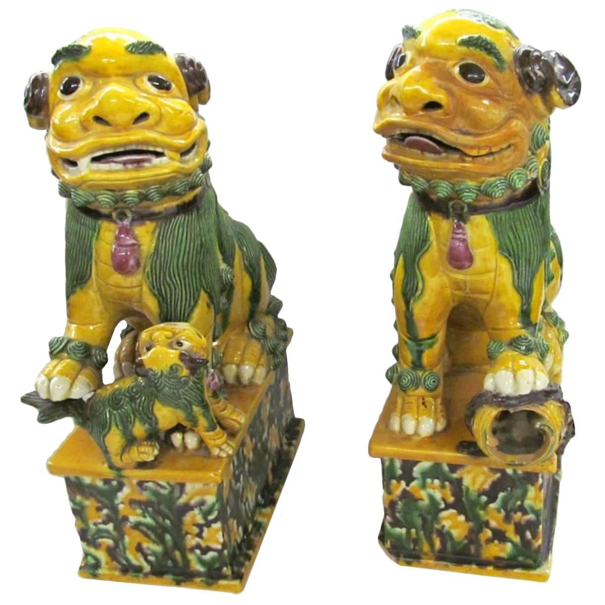 Antique Chinese Export Polychrome Ceramic Foo Dogs with Egg & Spinach Glaze