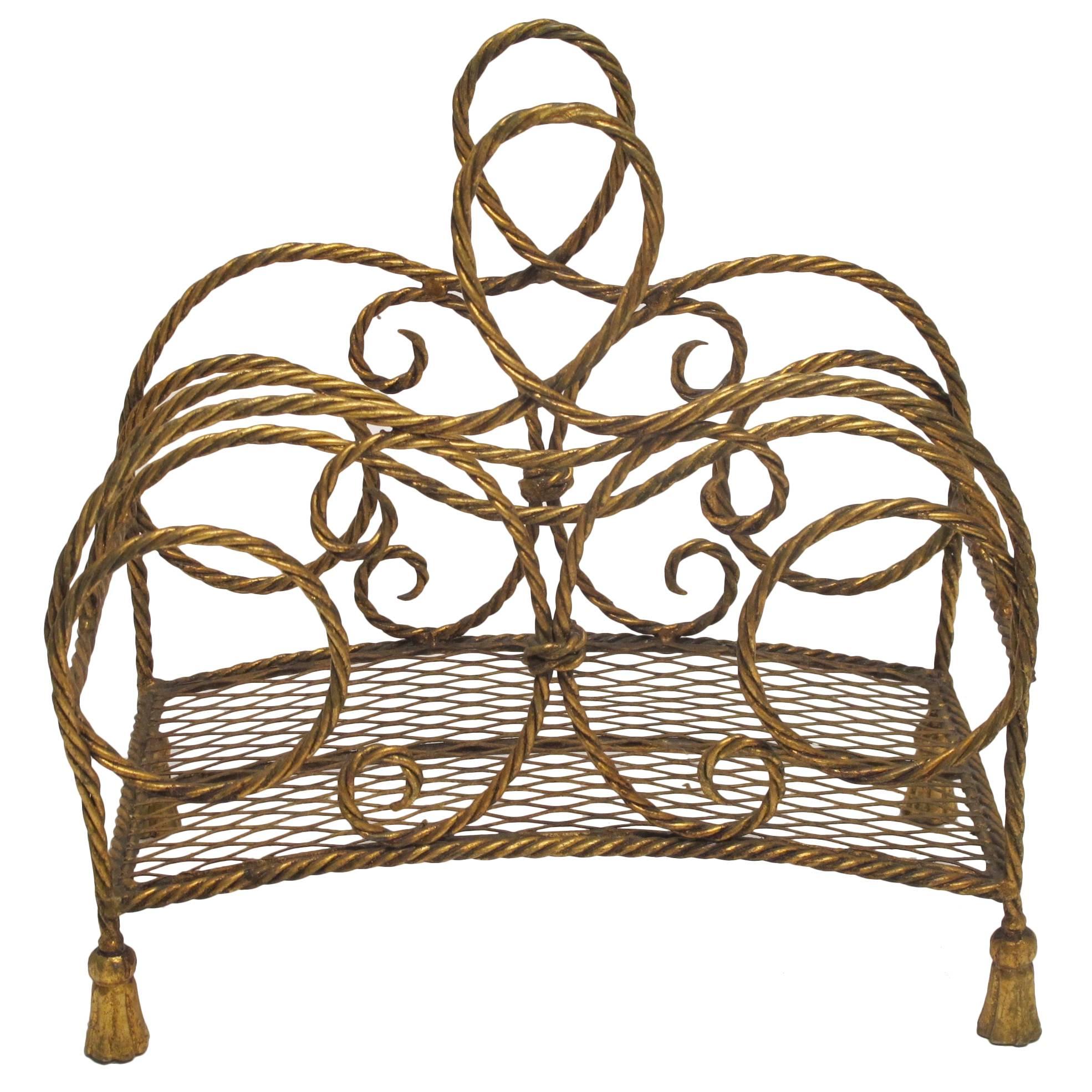 mid-cet Italian, rope twisted Gilt Metal Magazine Stand For Sale