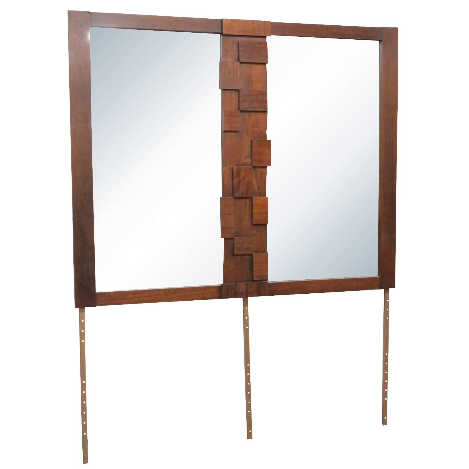 Mirror has a Brutalist style with walnut drawers. Manufactured by Lane Furniture Co from the 