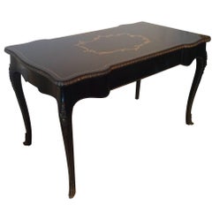 Desk Ormolu Black and Gold Vintage French Writing  Brass Curves Wood Ornate