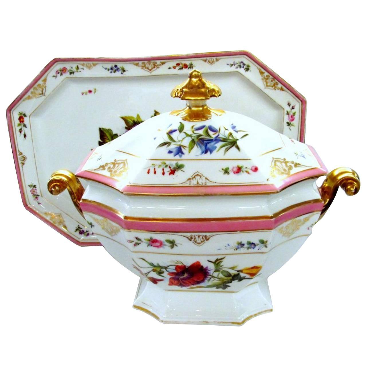 Antique French Porcelain de Paris Hand-Painted Soup Tureen and Matching Platter