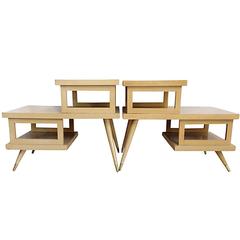 Pair Of Mid-Century Modern Wood & Brass Three-Tier Side Tables
