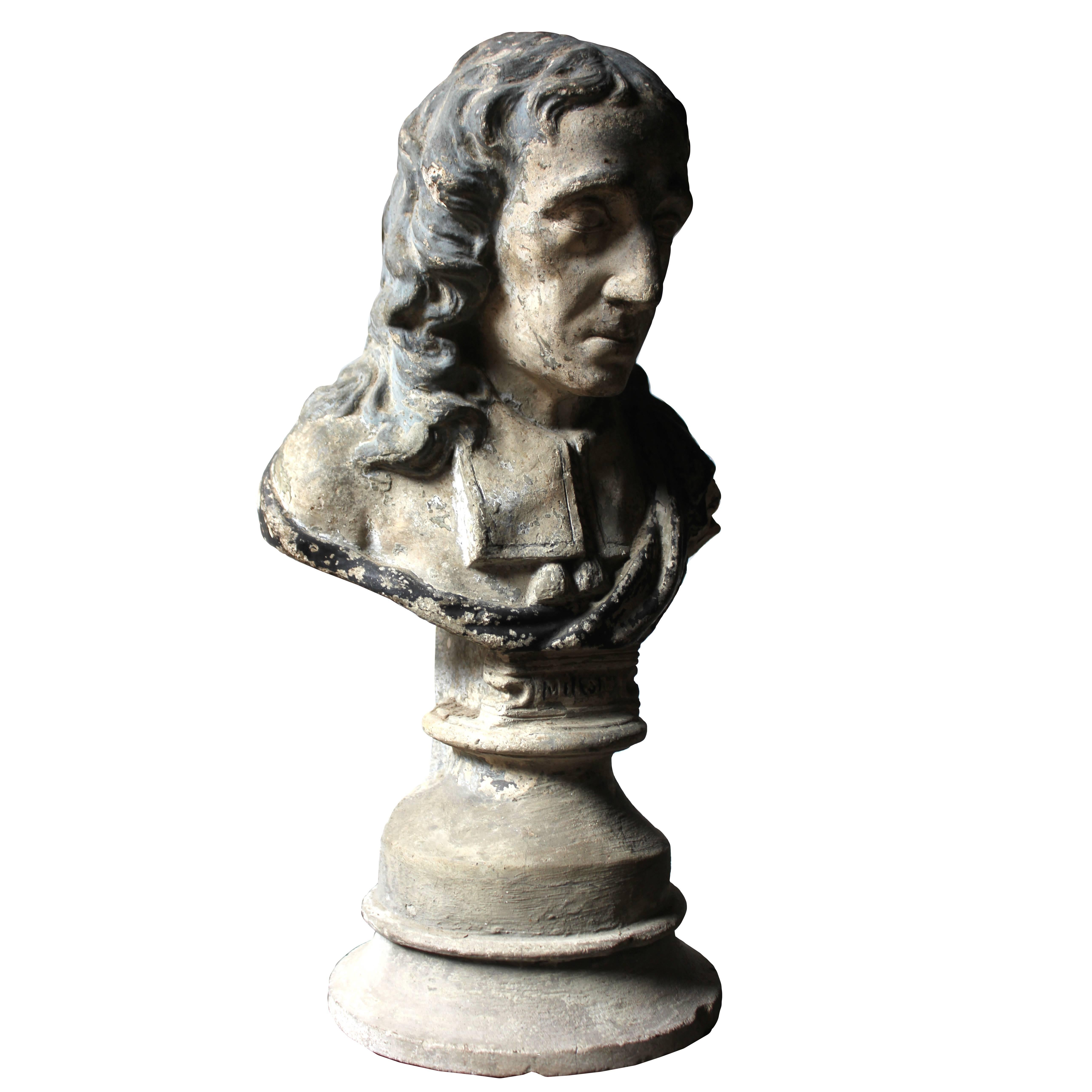 Decorative Late Victorian Painted Plaster Portrait Library Bust of John Milton