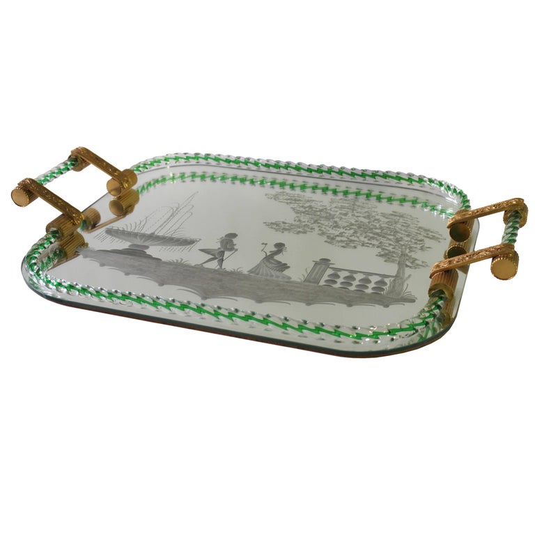 Mirrored Tray with Murano Glass Gallery, Attributed to Barovier For