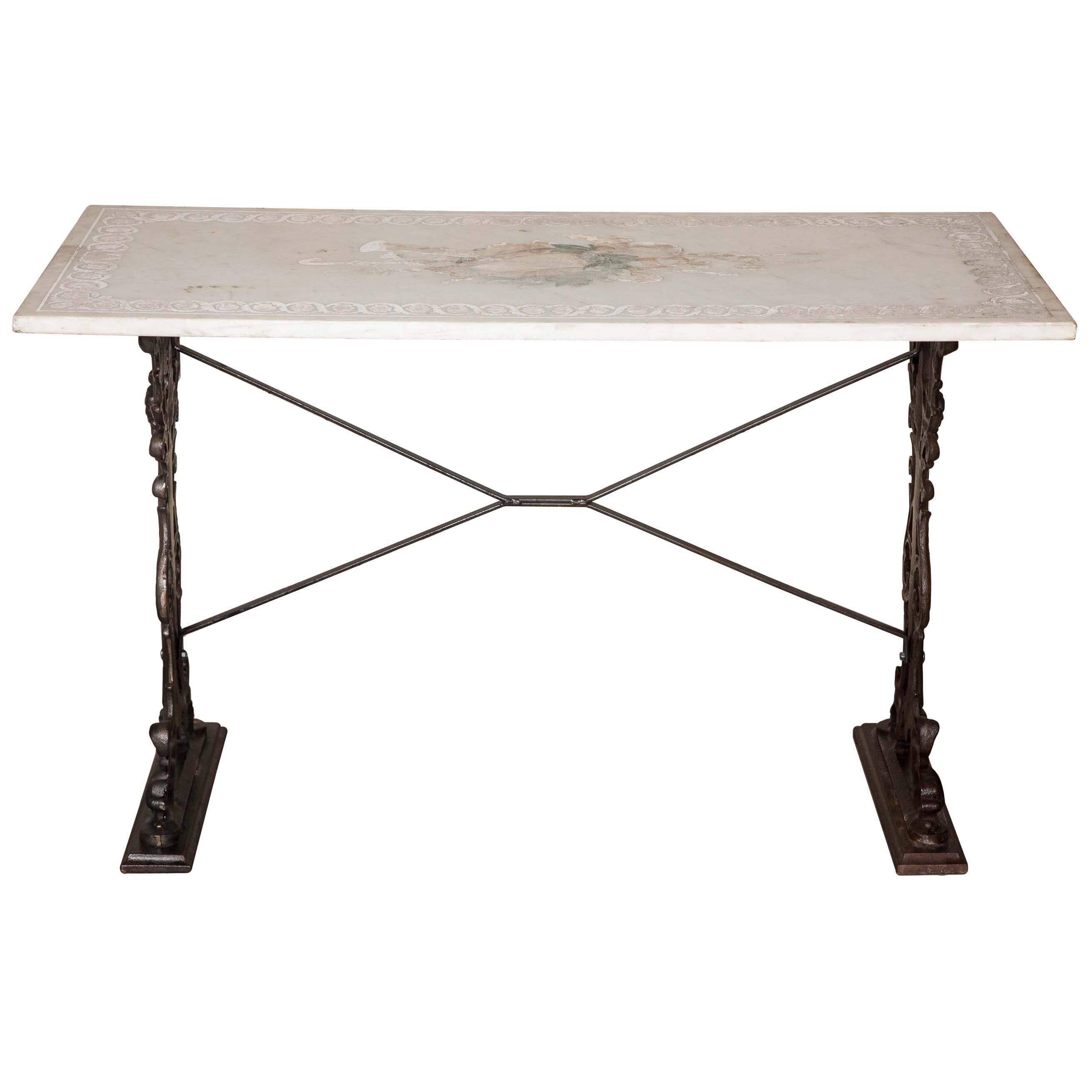 Victorian Inlaid Marble Table on Iron Base For Sale