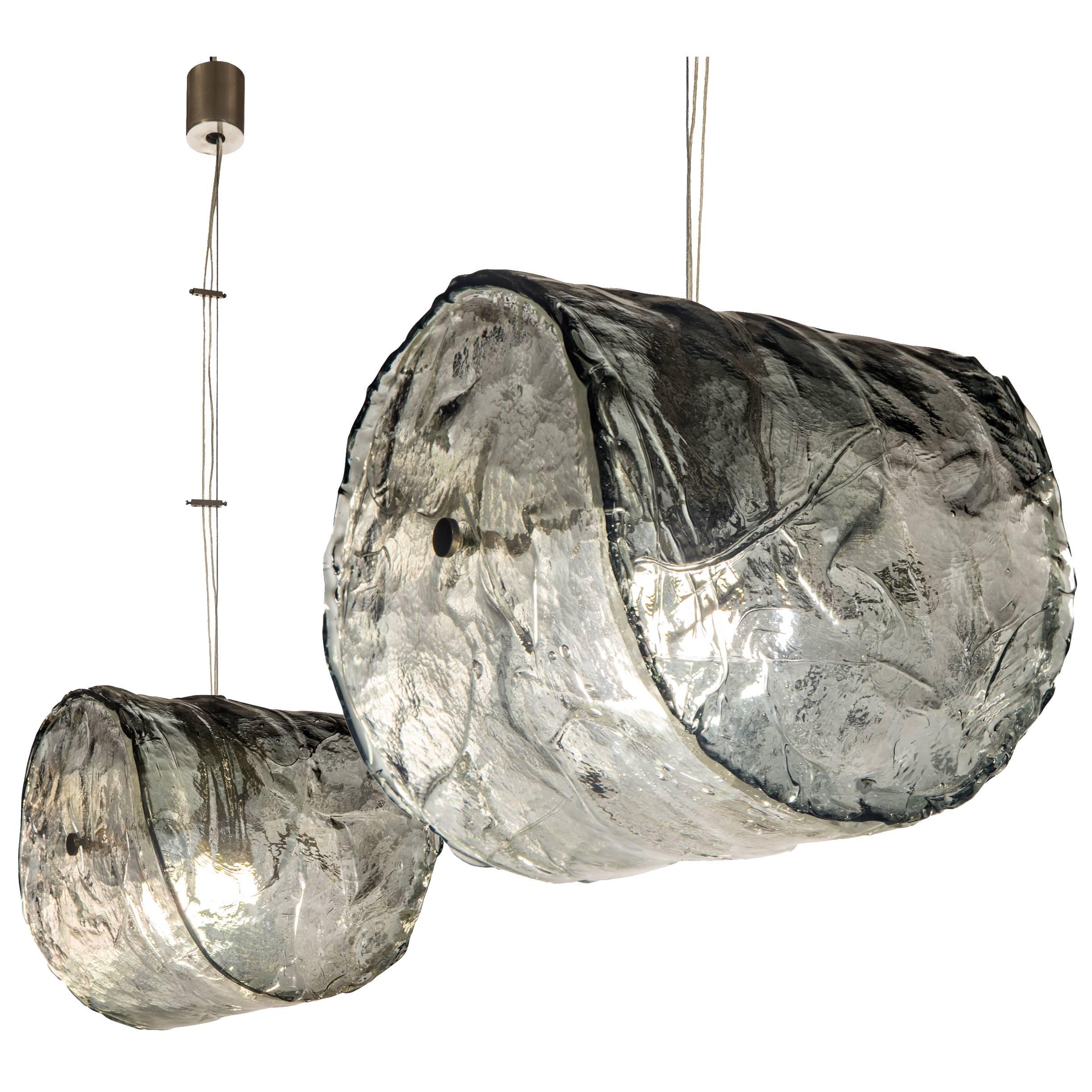 Carlo Nason for Mazzega, Pair of Murano Glass and Steel Pendants