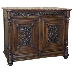 19th Century French Louis XIV Hand-Carved Walnut Marble-Top Buffet