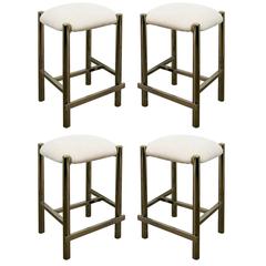 Four Brass Counter Height Bar Stools in the Style of Milo Baughman