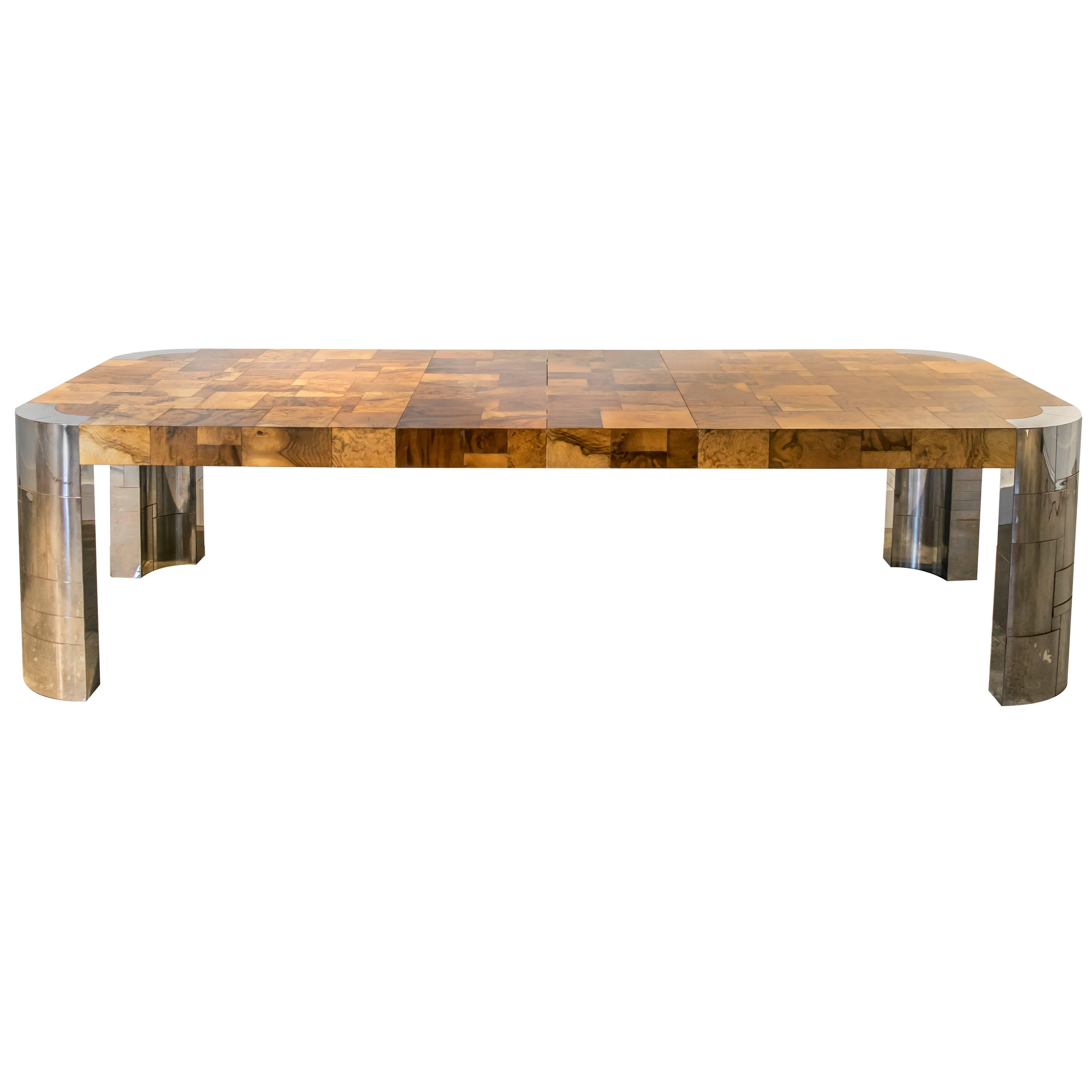 Signed Paul Evans Cityscape Extra Long Burl and Chrome Dining Table
