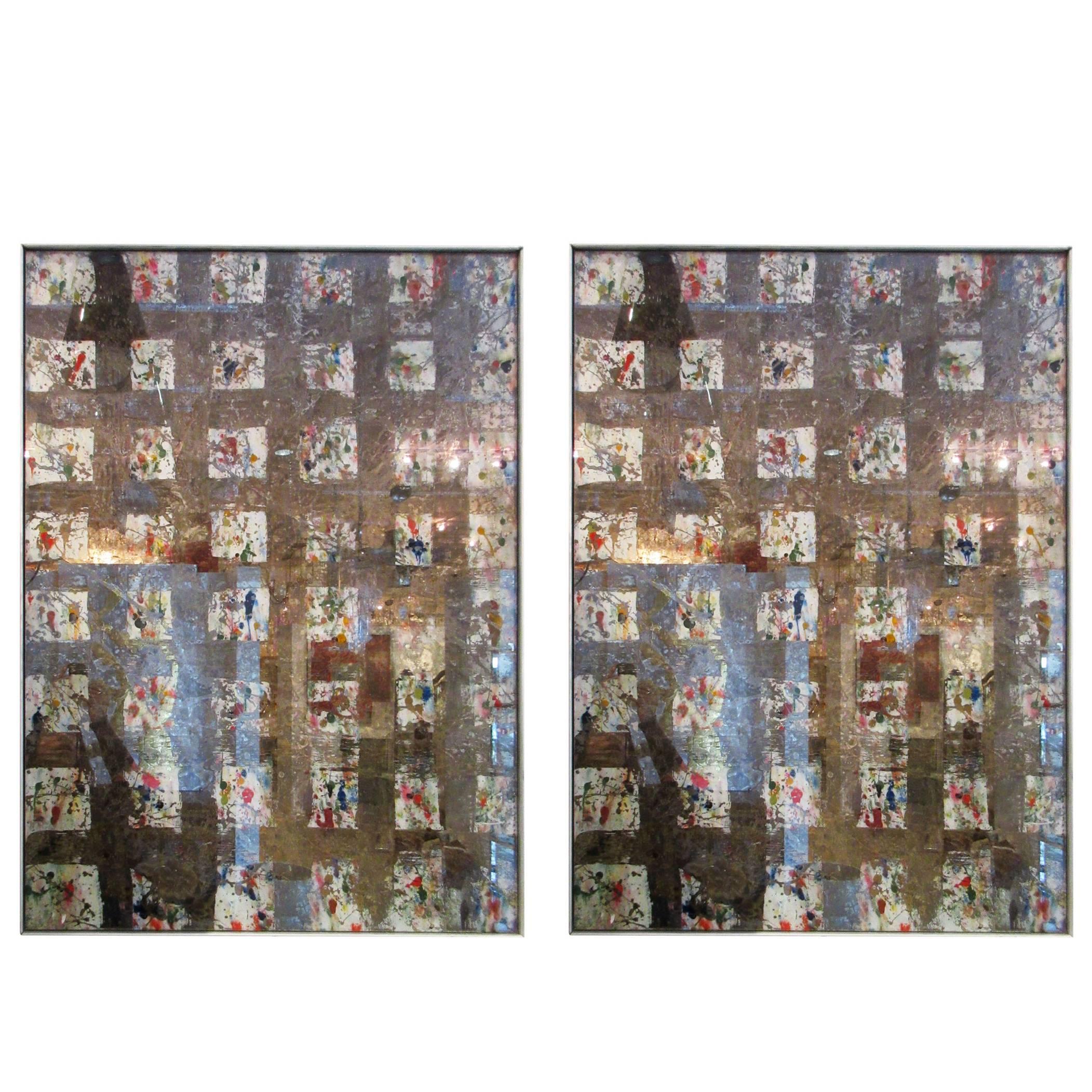 Pair of Custom Reverse-Painted Mirrors, 'City Windows'