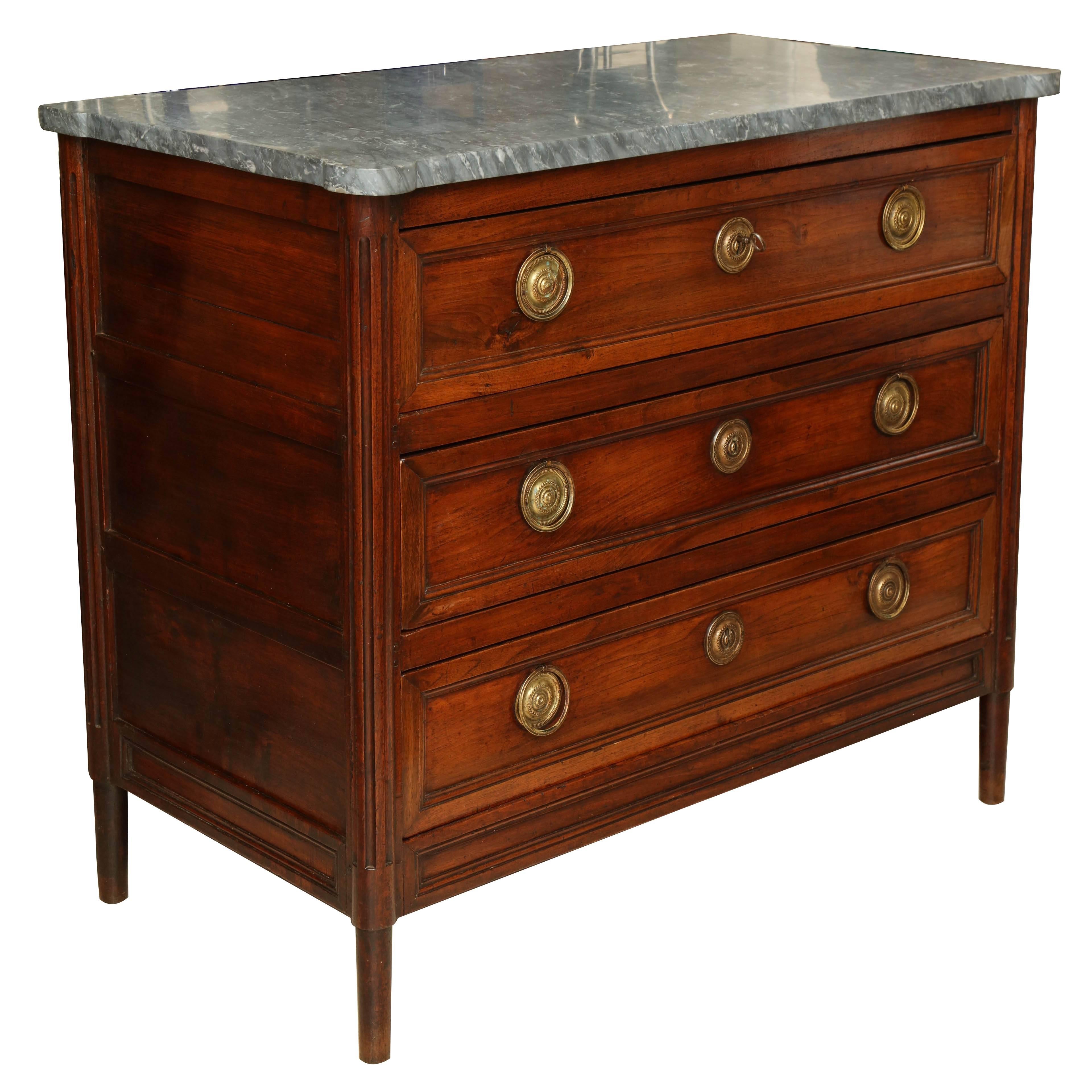 French 18th Century Walnut Commode with Three Drawers and Gray Marble Top