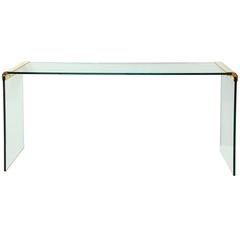 Mid-Century Modern Glass and Brass Waterfall Console or Sofa Table, 1970s
