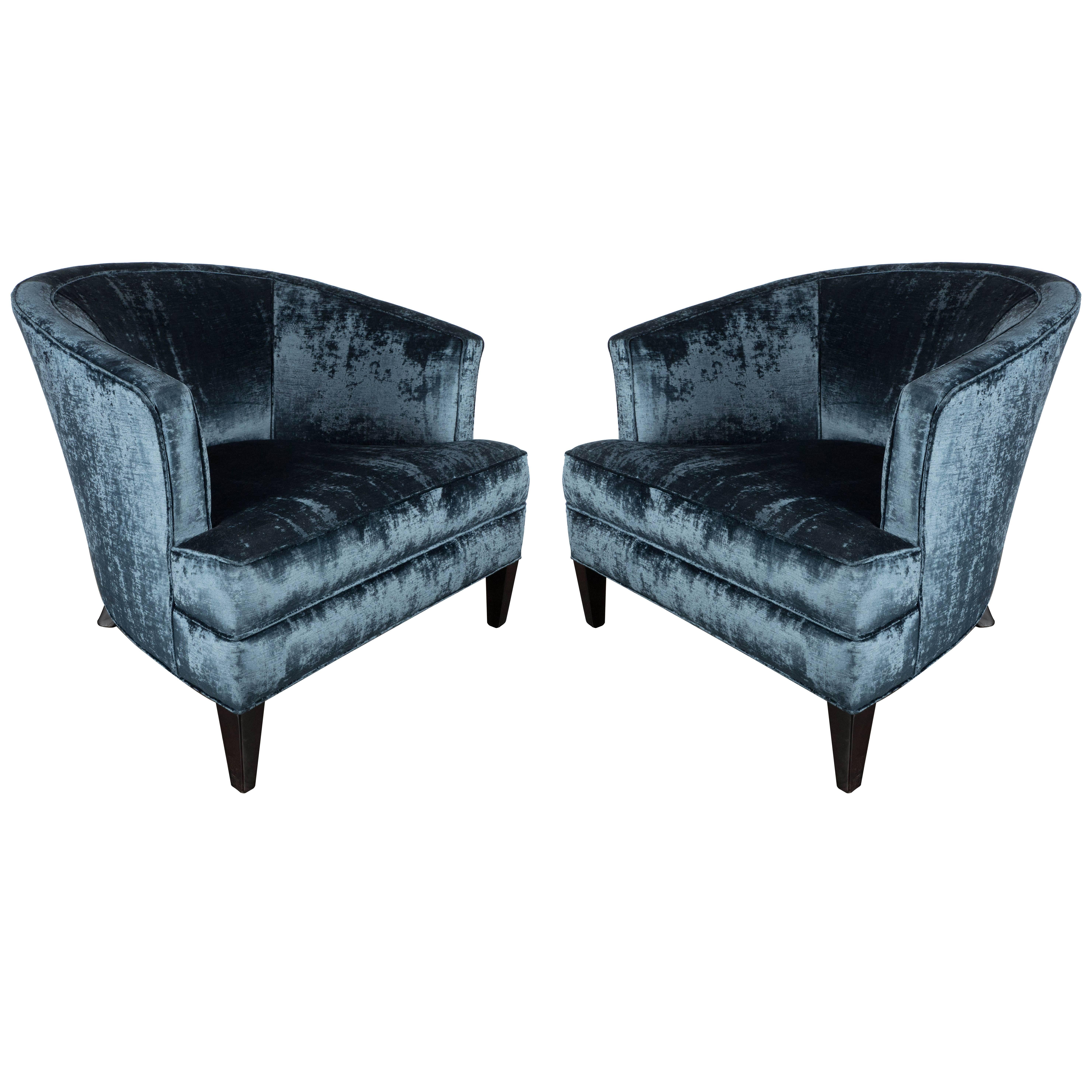 Elegant Pair of Curved-Back Armchairs in Sapphire Blue Velvet by Ward Bennett