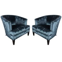 Elegant Pair of Curved-Back Armchairs in Sapphire Blue Velvet by Ward Bennett