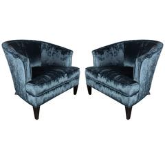 Elegant Pair of Curved-Back Armchairs in Sapphire Blue Velvet by Ward Bennett