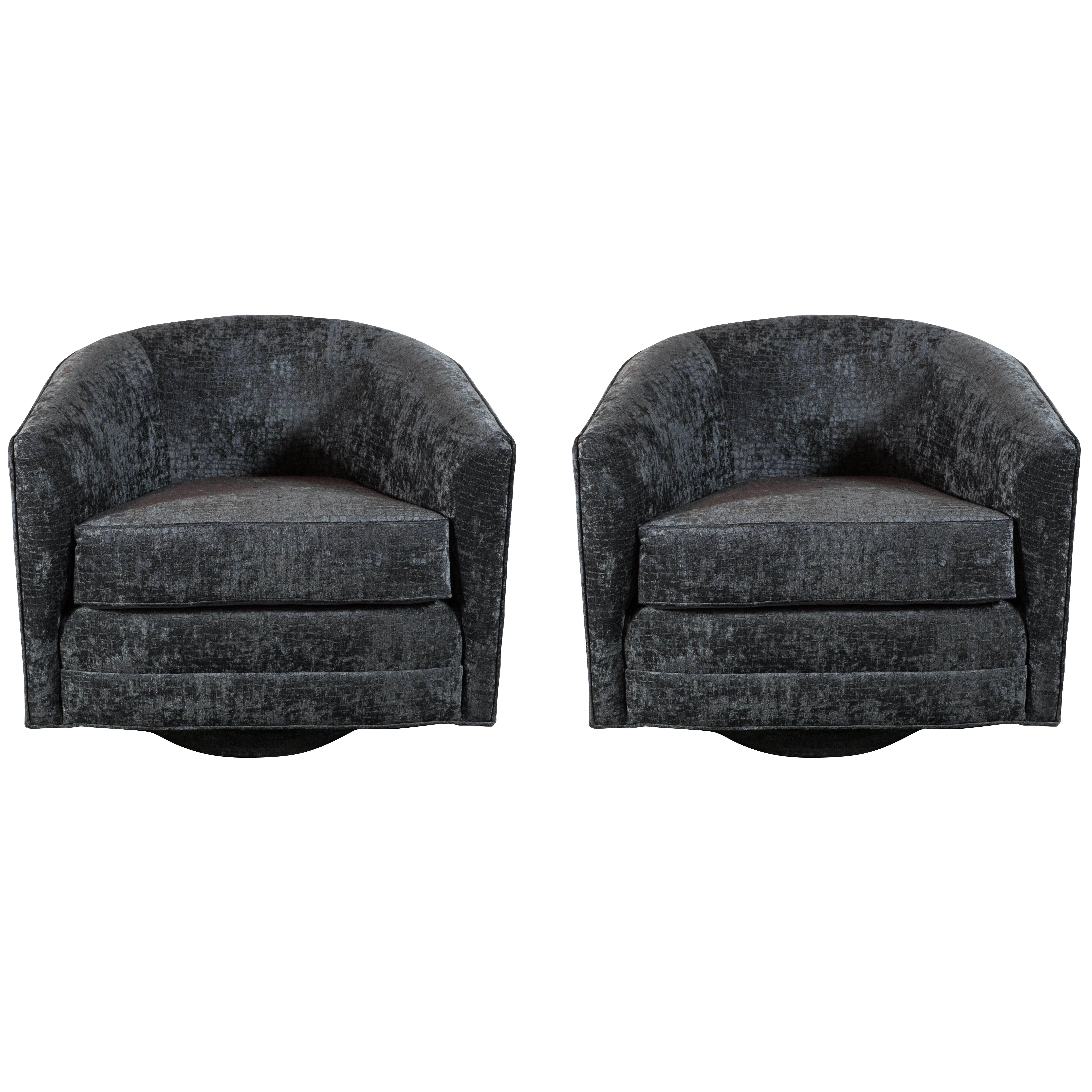 Luxe Pair of Milo Baughman Curved-Back Swivel Chairs in Gauffrage Croc Velvet