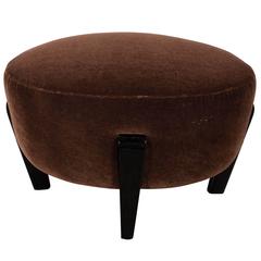 Vintage Art Deco Oval Ottoman or Stool in Cognac Mohair with Black Lacquer Legs