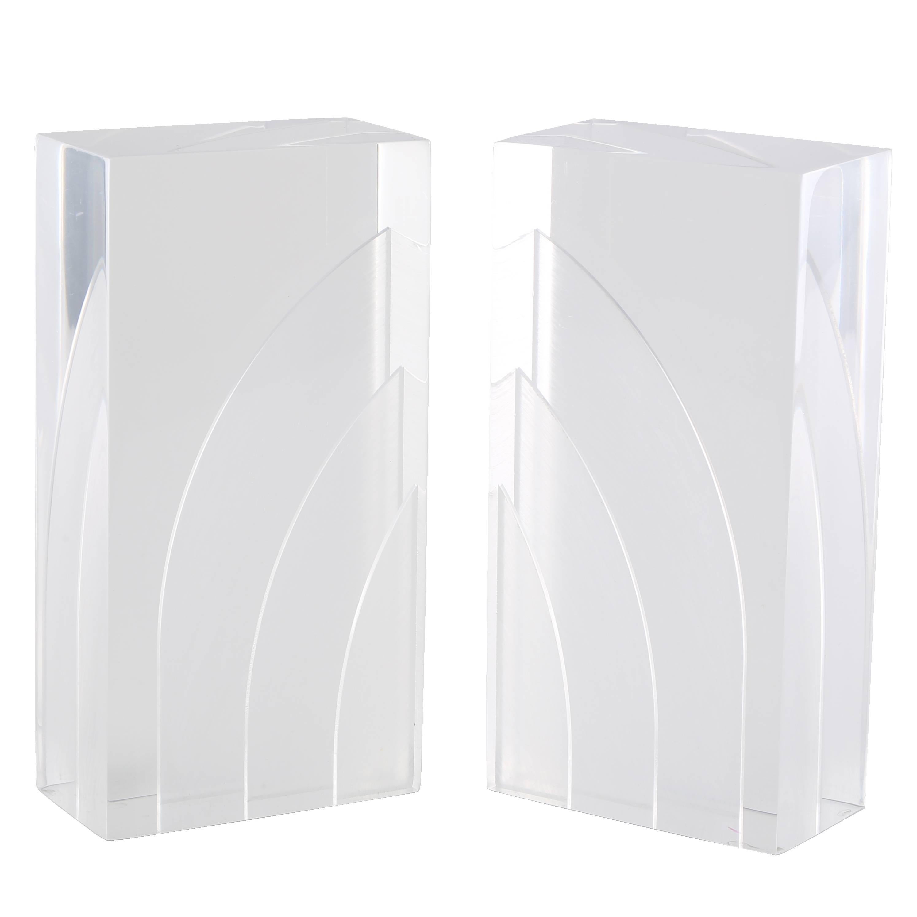 Pair of Thick Lucite Bookends with Internal Sawed Designs