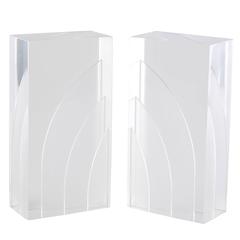 Pair of Thick Lucite Bookends with Internal Sawed Designs
