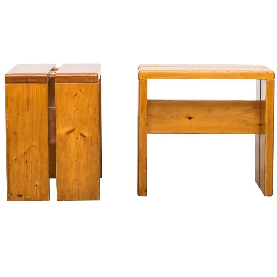 Pair of Charlotte Perriand Solid Pine Stools for Les Arcs